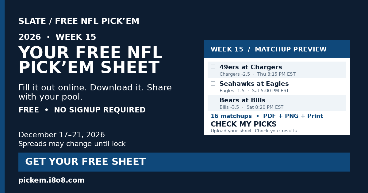 Free NFL Week 15 Pick'em Sheet 2026 – Printable ATS PDF & PNG | Slate