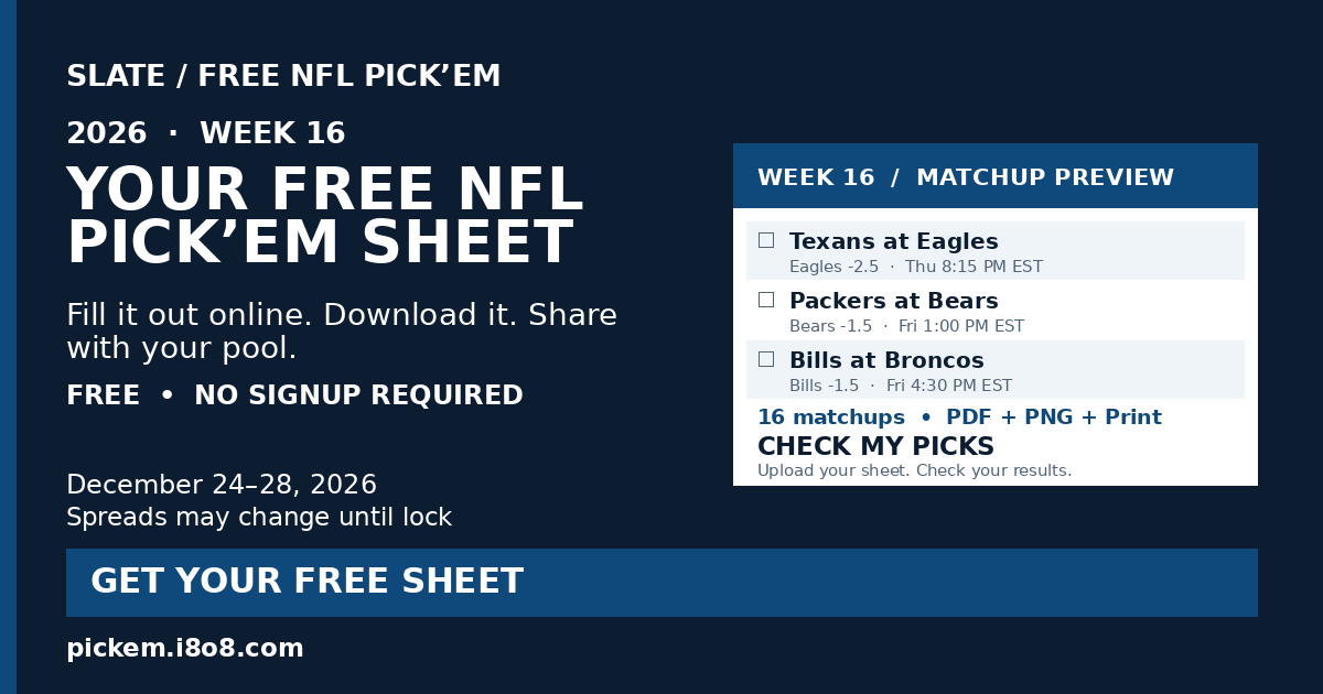 Free NFL Week 16 Pick'em Sheet 2026 – Printable ATS PDF & PNG | Slate