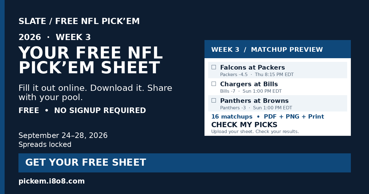Free NFL Week 3 Pick'em Sheet 2026 – Printable ATS PDF & PNG | Slate