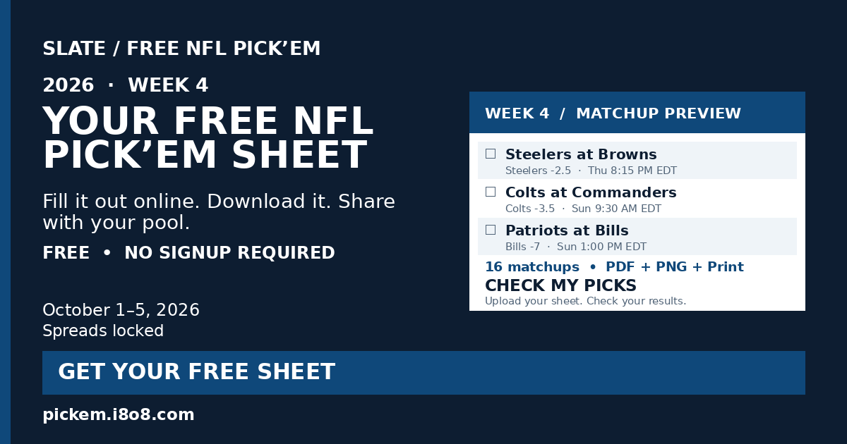 Free NFL Week 4 Pick'em Sheet 2026 – Printable ATS PDF & PNG | Slate