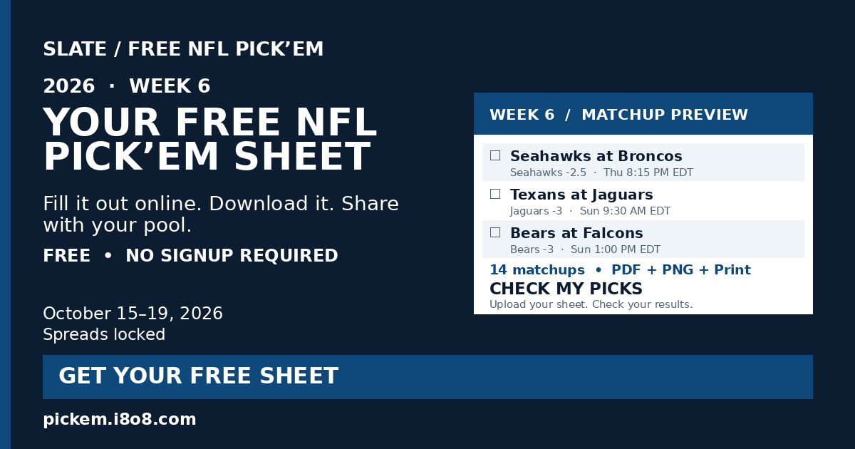 Free NFL Week 6 Pick'em Sheet 2026 – Printable ATS PDF & PNG | Slate